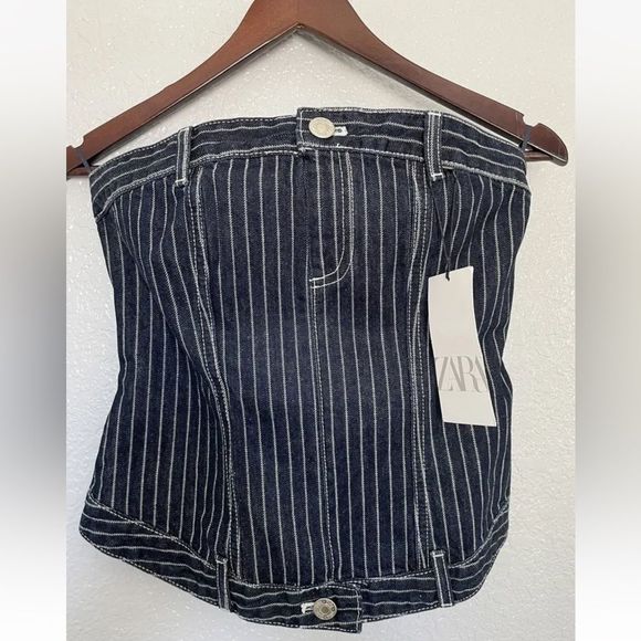 ZARA NEW WOMAN OFF-SHOULDER TRF DENIM TOP WITH STRIPES MEDIUM 5252/009/133/15 - Picture 6 of 9
